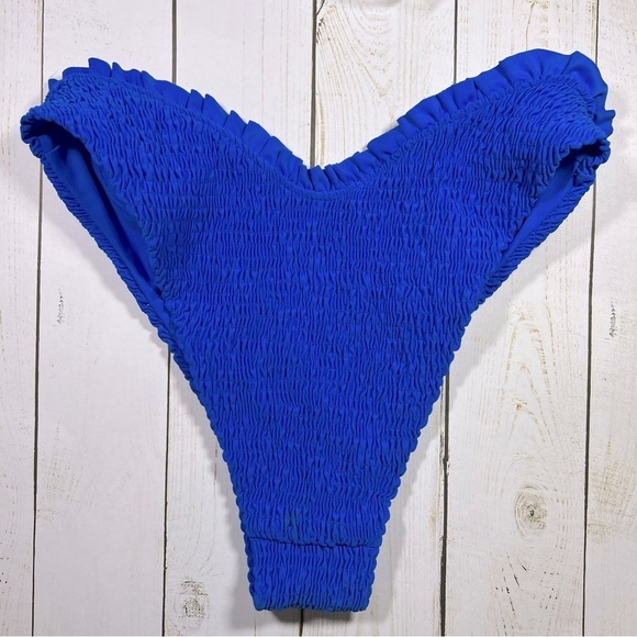 Lovers + Friends | Cobalt Blue High Waist Ruffle Cheeky Bikini Bottom | S - Picture 3 of 6